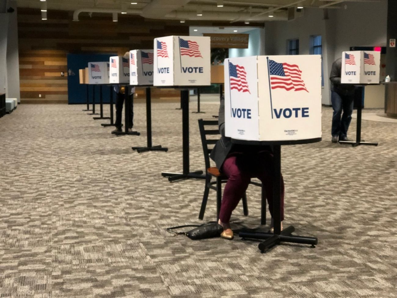 People voting at booths. 