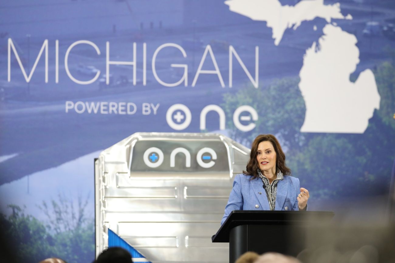 Gov. Gretchen Whitmer at a 2022 ribbon cutting ceremony for Our Next Energy in Van Buren Township.