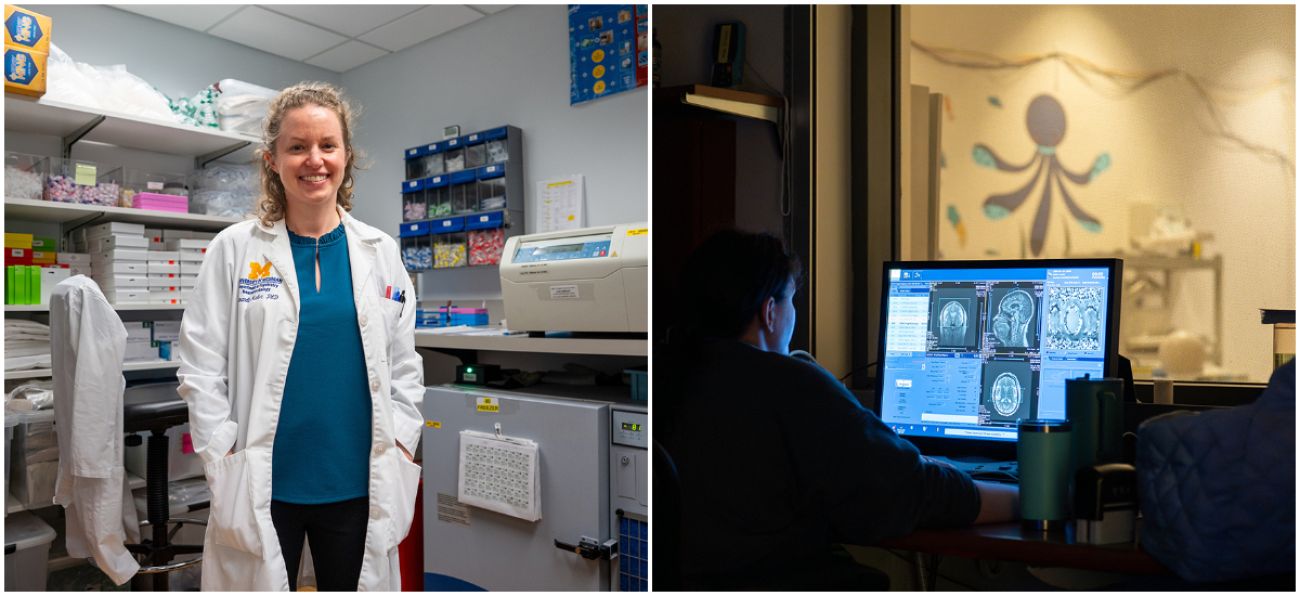 Left photo: Amanda Maher stands in the office. Right photo: Man looking at a brain scan on comoputer
