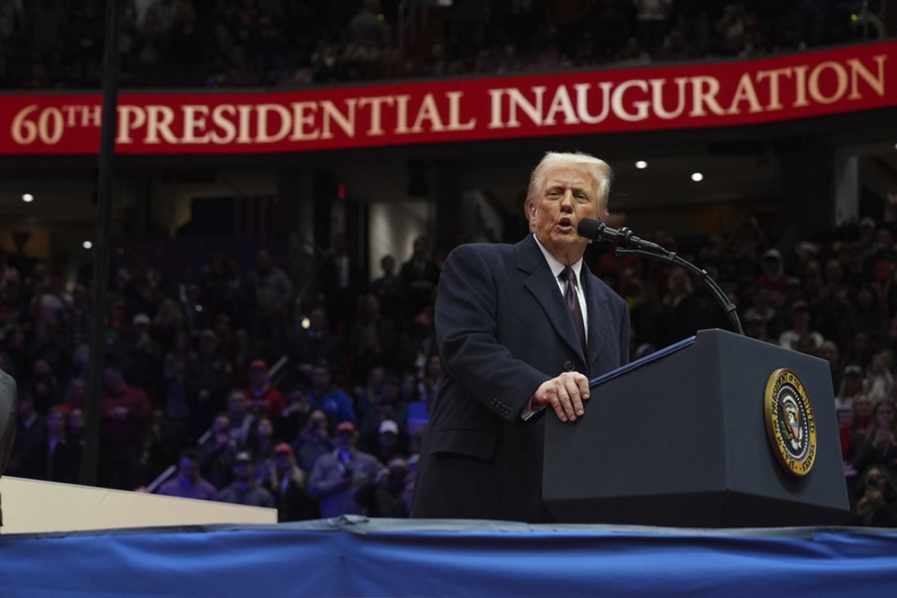 Donald Trump on a stage at his inauguration. 