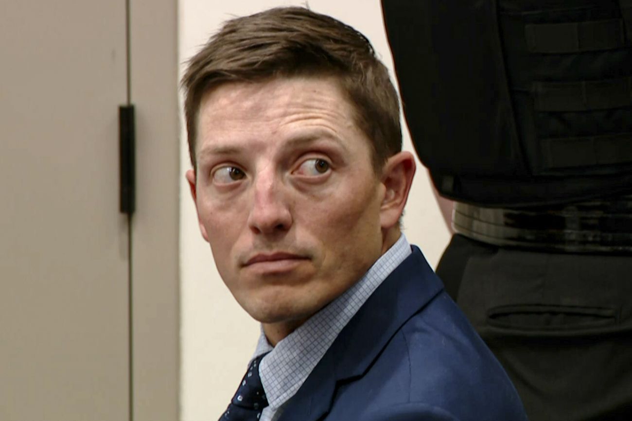 A close-up of Christopher Schurr in court. 