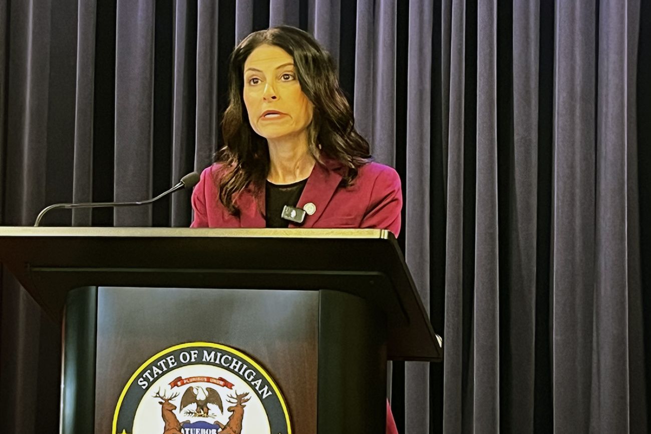Michigan Attorney General Dana Nessel at a press conference. 