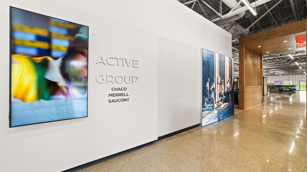 Inside an office with white walls. 