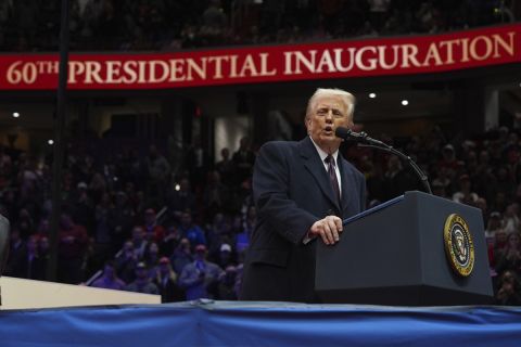 Donald Trump on a stage at his inauguration. 