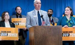 State Rep. Jim DeSana speaking at a press conference. 